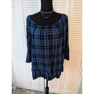 Como Vintage Women’s L Blue Boho Plaid Flowy Blouse Peasant Ruffle Top Western
